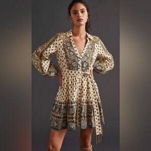 NWT: Anthropologie Cream and Blue Long Sleeve Dress